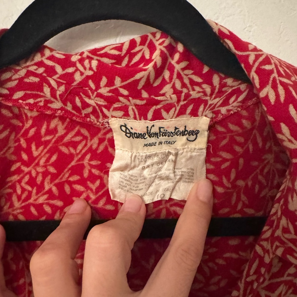 Vintage Diane Von Furstenberg Red and Cream Leaf Print Wrap Dress